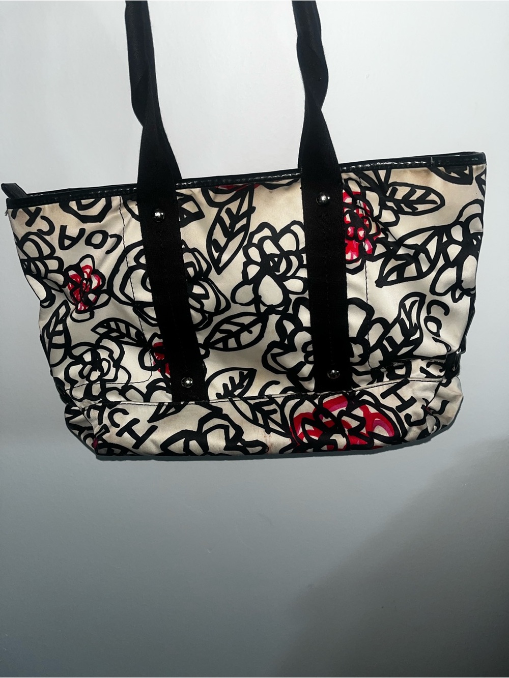 Coach Ivory Canvas Floral Tote with Black Straps and Red Flower Accents - Picture 4 of 16